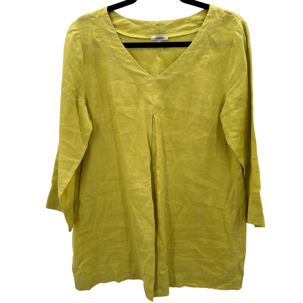 Tyler Boe Linen Tunic Top Women's‎ Medium Citron Yellow V Neck 3/4 Sleeve